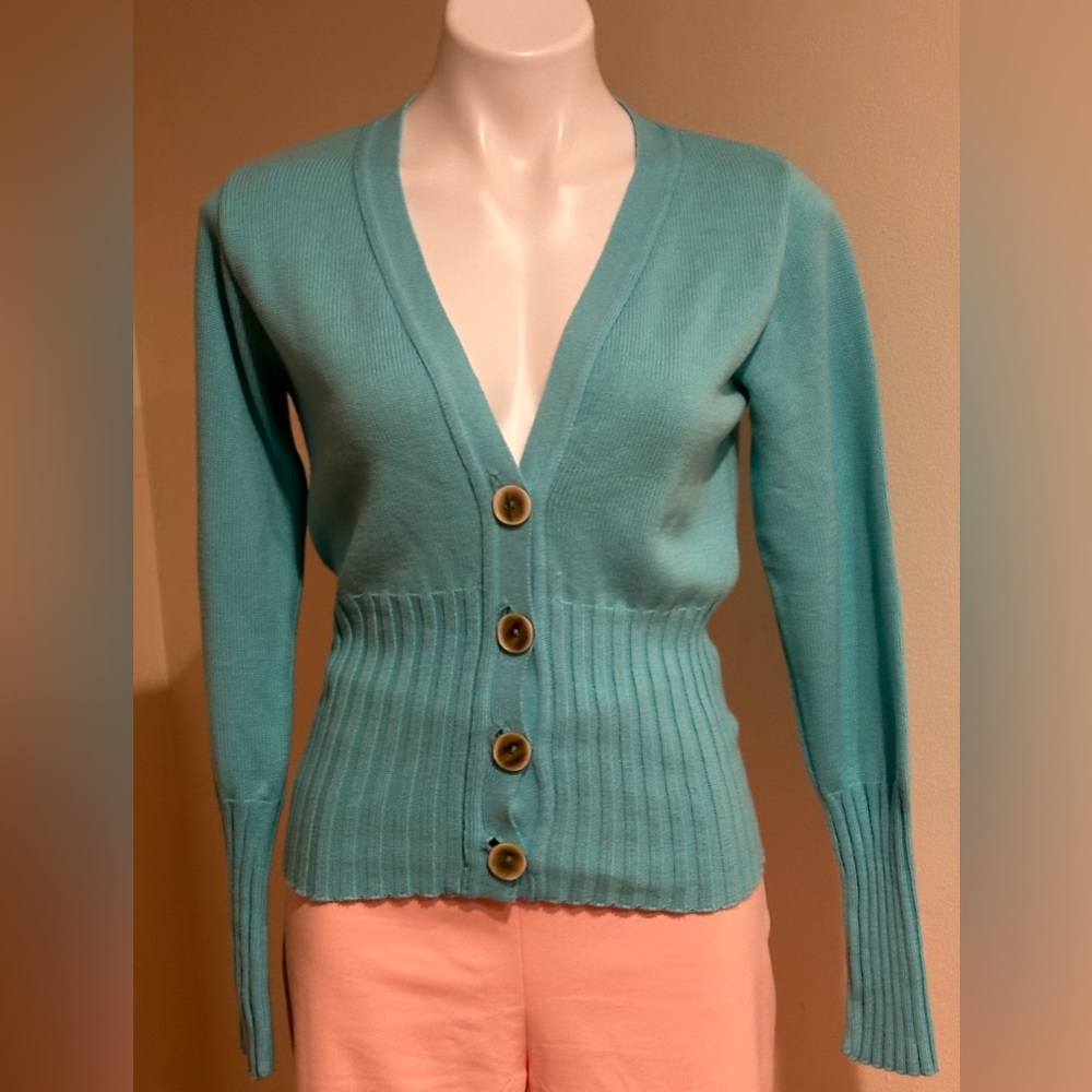 AVALIN Teal V Neck Button Down Cardigan Sweater 100% Cotton. Thick Material Sz S